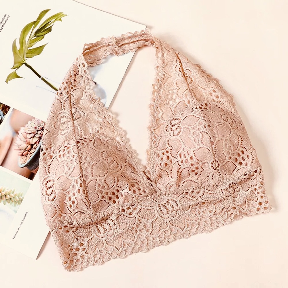 ✨NUDE HALTER PADDED LACE BRALETTE-    O/S A-C CUP - Picture 4 of 5